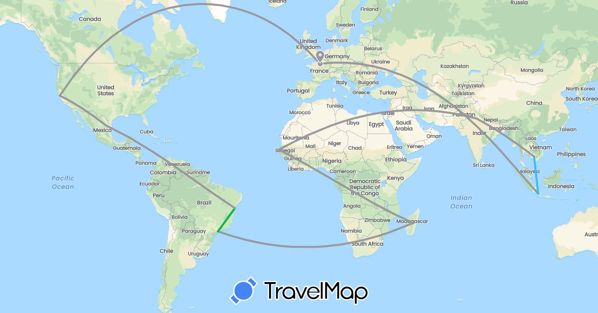 TravelMap itinerary: driving, bus, plane, boat in Brazil, France, Indonesia, India, Cambodia, Madagascar, Mexico, Senegal, United States (Africa, Asia, Europe, North America, South America)
